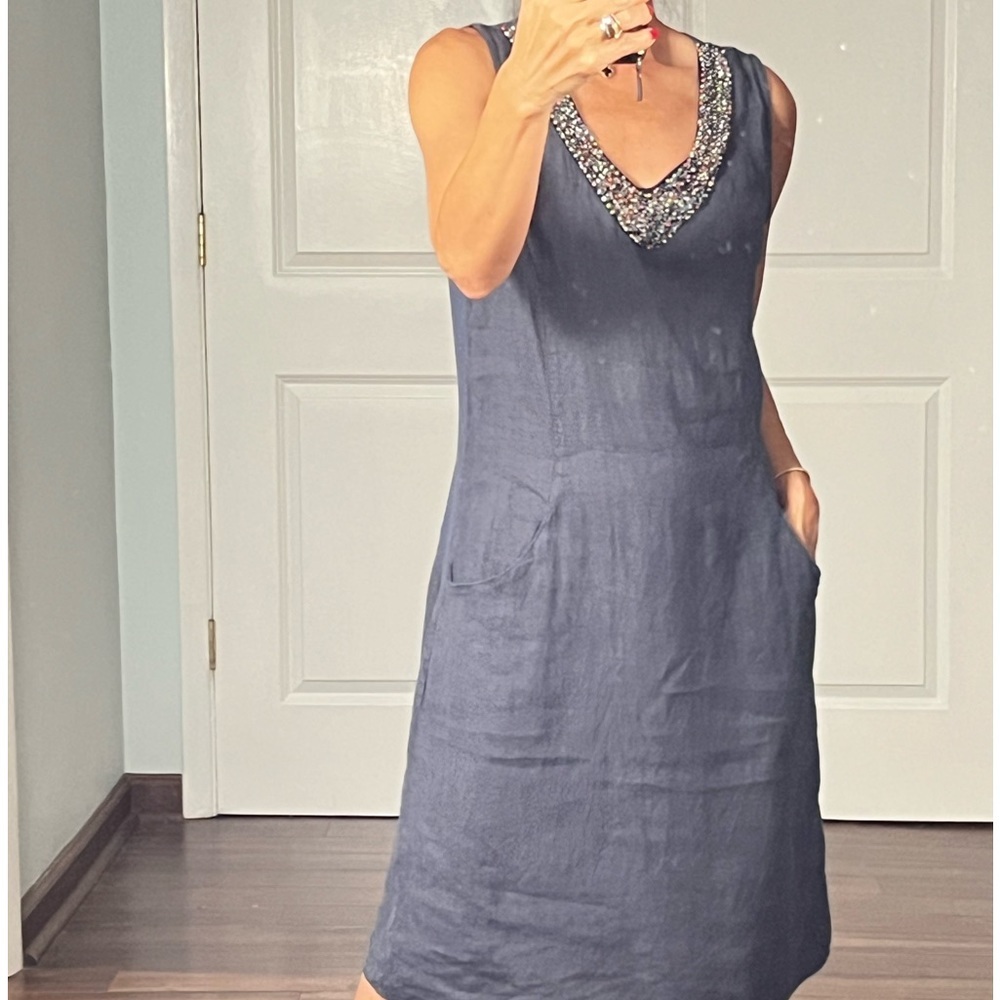 Lina Tomei 100% linen beaded neckline shirt dress size S - Picture 3 of 15